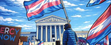 Cartoon-style illustration of the U.S. Supreme Court with protest signs about girls sports and Title IX