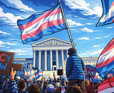 Cartoon-style illustration of the U.S. Supreme Court with protest signs about girls sports and Title IX