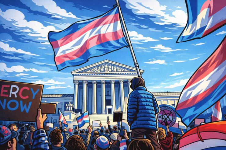 Cartoon-style illustration of the U.S. Supreme Court with protest signs about girls sports and Title IX