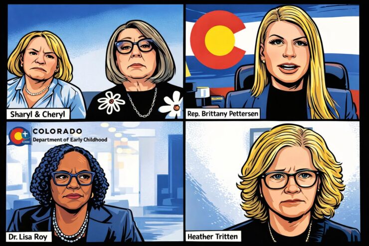 A stressed parent holding a child while a giant frozen faucet labeled federal funds drips onto paperwork.