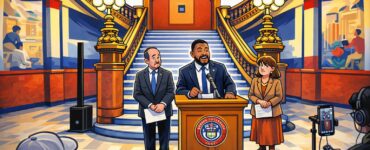 Cartoon of Colorado Capitol with a ballot box and a refund check being pulled away