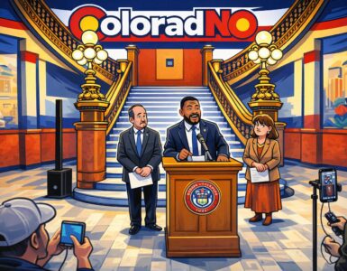 Cartoon of Colorado Capitol with a ballot box and a refund check being pulled away