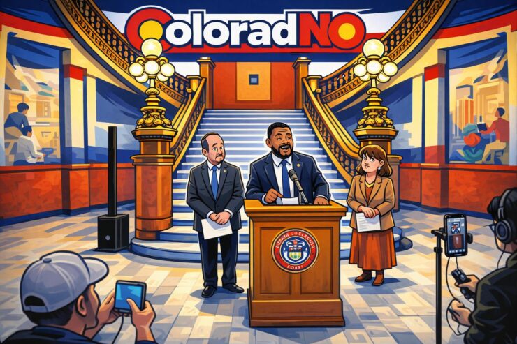 Cartoon of Colorado Capitol with a ballot box and a refund check being pulled away