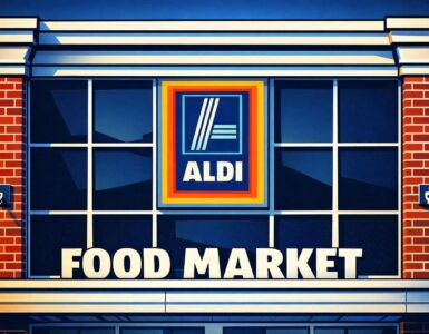 A discount grocery storefront with a Colorado backdrop and rising price tags in a shopping cart