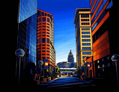 Cartoon of the Colorado Capitol with an empty wallet and lawmakers holding long wish lists