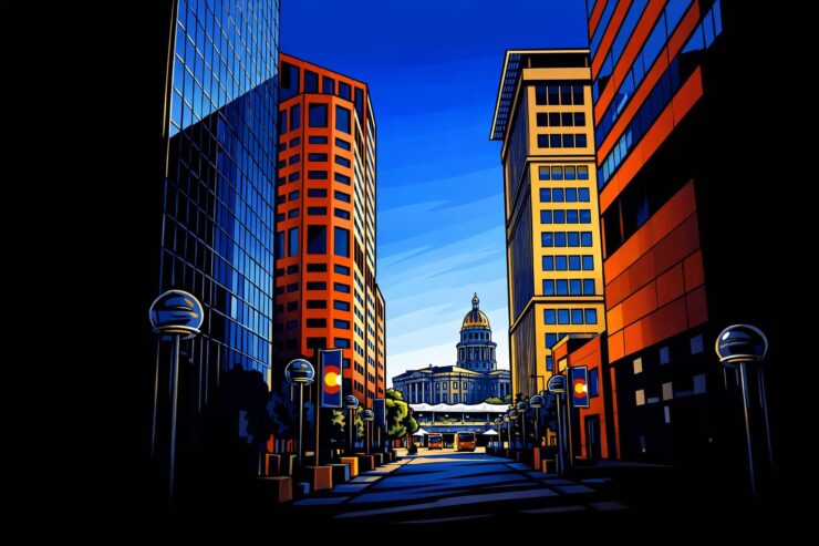 Cartoon of the Colorado Capitol with an empty wallet and lawmakers holding long wish lists