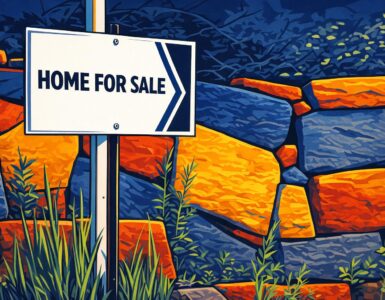 Cartoon of a renter staring at a house listing while HOA fee bills pile up beside a condo building