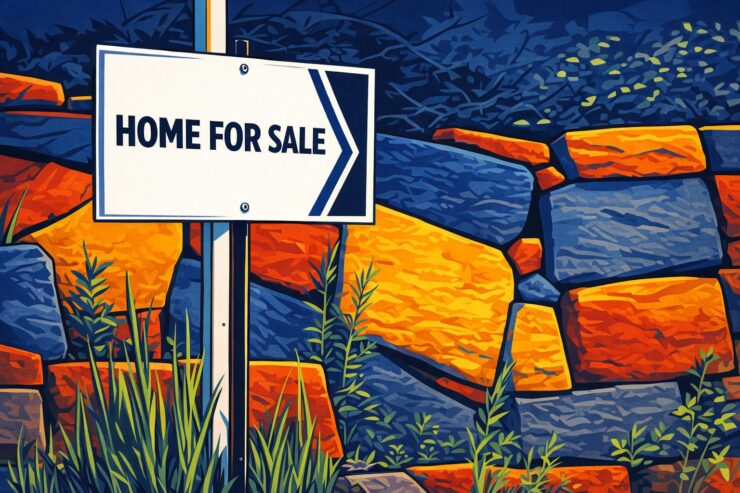 Cartoon of a renter staring at a house listing while HOA fee bills pile up beside a condo building