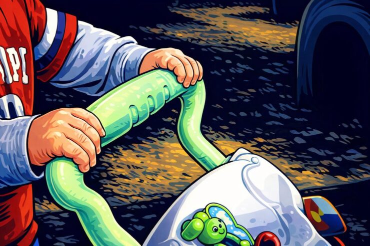 A stressed parent holding bills next to a county ballot box labeled child care funding