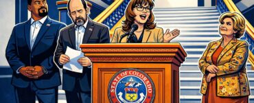 Cartoon of the Colorado Capitol with lawmakers holding a budget gap sign and a rising Medicaid meter