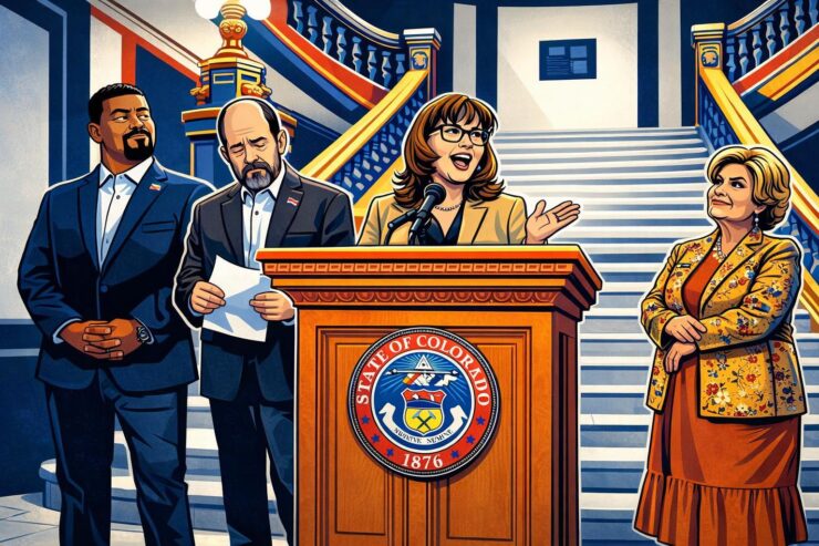 Cartoon of the Colorado Capitol with lawmakers holding a budget gap sign and a rising Medicaid meter