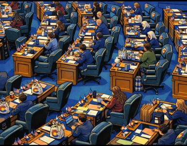 Cartoon of Colorado lawmakers holding oversized bill papers beside a large budget hole labeled $850M