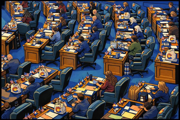 Cartoon of Colorado lawmakers holding oversized bill papers beside a large budget hole labeled $850M