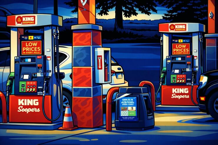 Driver holding a settlement letter beside a disabled car at a gas pump