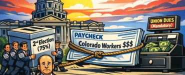 Colorado Capitol with a ballot box and a paycheck being pulled toward union dues.