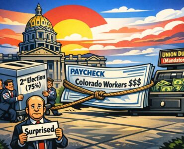 Colorado Capitol with a ballot box and a paycheck being pulled toward union dues.