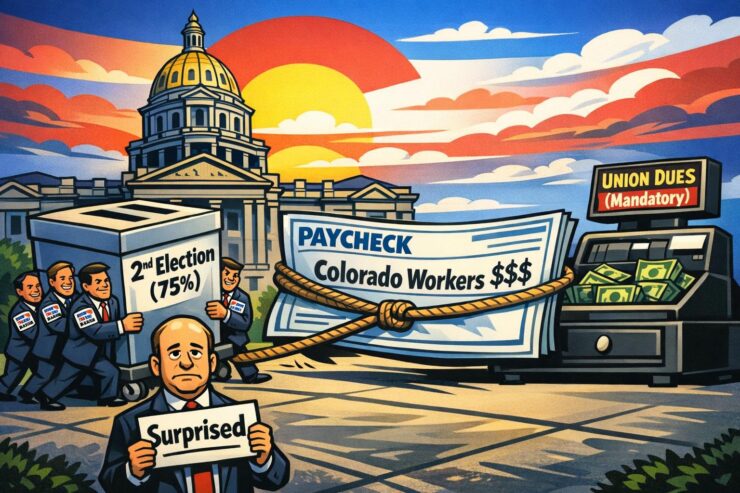 Colorado Capitol with a ballot box and a paycheck being pulled toward union dues.