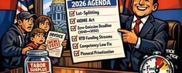 Cartoon of a governor holding a 2026 agenda checklist beside a nearly empty jar labeled TABOR surplus