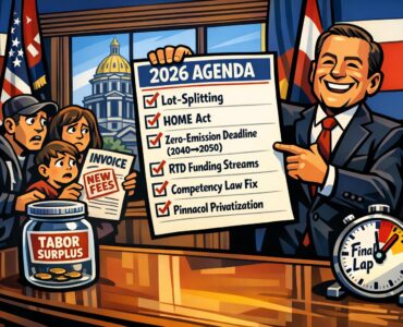 Cartoon of a governor holding a 2026 agenda checklist beside a nearly empty jar labeled TABOR surplus
