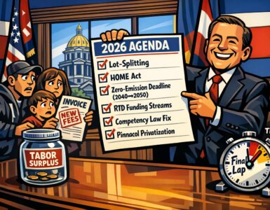 Cartoon of a governor holding a 2026 agenda checklist beside a nearly empty jar labeled TABOR surplus