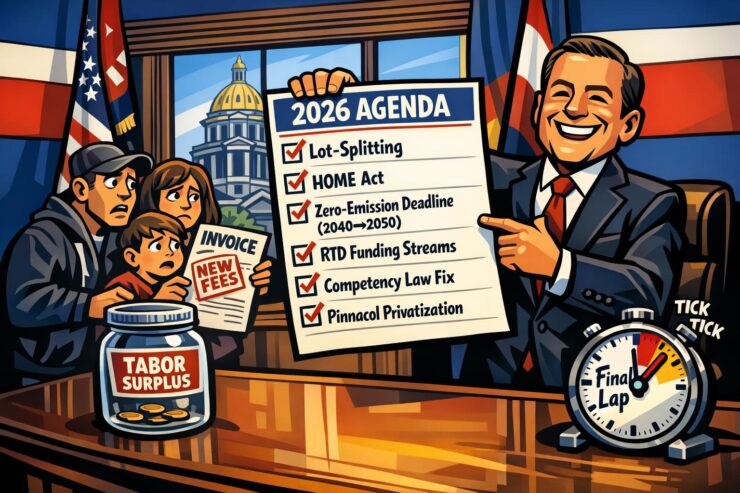 Cartoon of a governor holding a 2026 agenda checklist beside a nearly empty jar labeled TABOR surplus