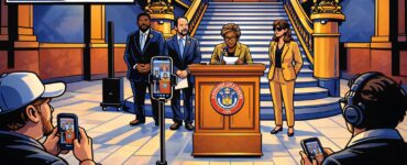 Colorado Capitol press conference with Stand Up to Washington banner and hook labeled Modernize pulling a TABOR refund paper