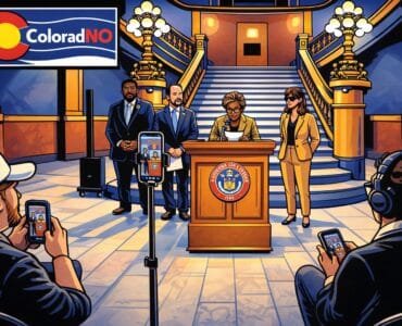 Colorado Capitol press conference with Stand Up to Washington banner and hook labeled Modernize pulling a TABOR refund paper