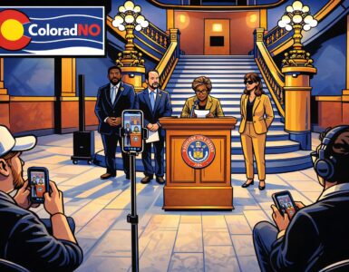 Colorado Capitol press conference with Stand Up to Washington banner and hook labeled Modernize pulling a TABOR refund paper