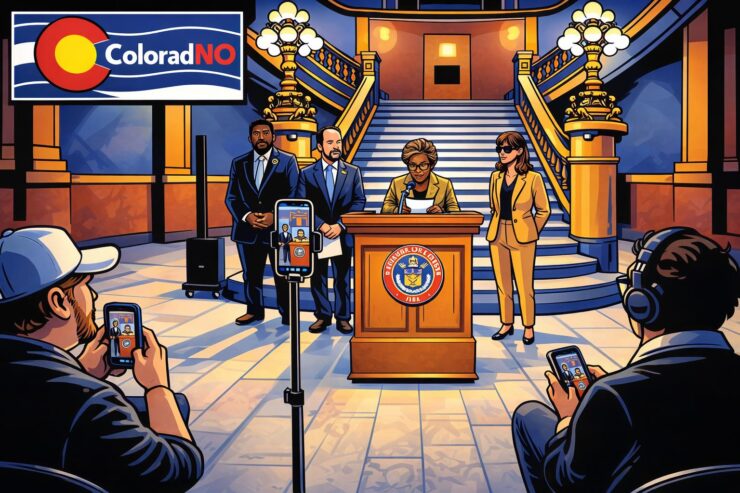 Colorado Capitol press conference with Stand Up to Washington banner and hook labeled Modernize pulling a TABOR refund paper