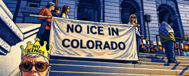 Cartoon of the Colorado Capitol with legal paperwork and a gavel labeled immigration bills