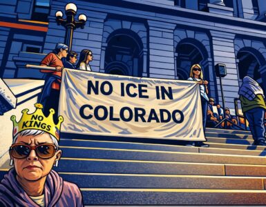 Cartoon of the Colorado Capitol with legal paperwork and a gavel labeled immigration bills