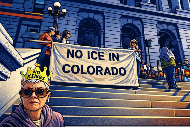 Cartoon of the Colorado Capitol with legal paperwork and a gavel labeled immigration bills