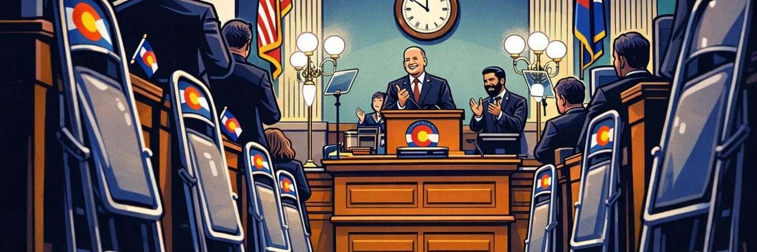 Cartoon of Colorado governor pointing at a police officer and a DEA agent shaking hands