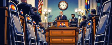 Cartoon of Colorado governor pointing at a police officer and a DEA agent shaking hands