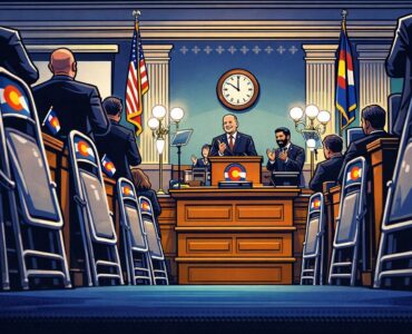 Cartoon of Colorado governor pointing at a police officer and a DEA agent shaking hands