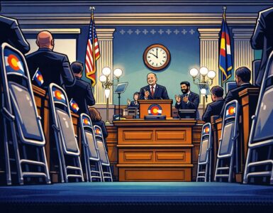 Cartoon of Colorado governor pointing at a police officer and a DEA agent shaking hands