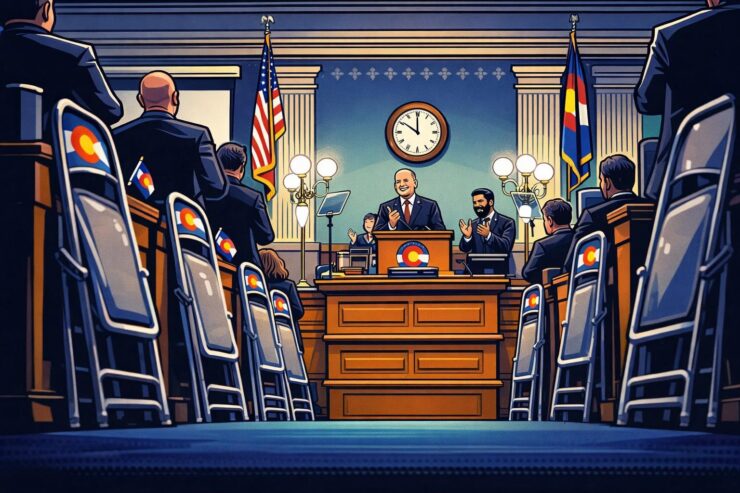 Cartoon of Colorado governor pointing at a police officer and a DEA agent shaking hands