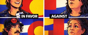 Cartoon of Aurora city council celebrating a resolution while residents hold bills and an hourglass