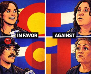 Cartoon of Aurora city council celebrating a resolution while residents hold bills and an hourglass