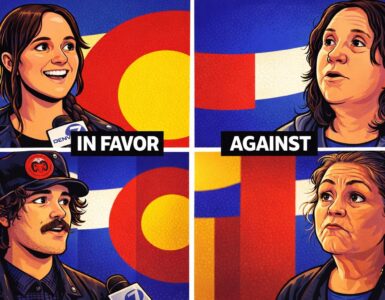 Cartoon of Aurora city council celebrating a resolution while residents hold bills and an hourglass