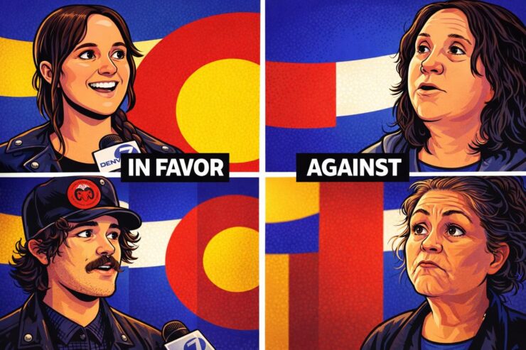 Cartoon of Aurora city council celebrating a resolution while residents hold bills and an hourglass