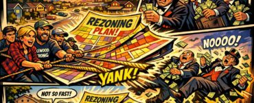 Comic-style suburban neighborhood in Lakewood with angry voters confronting a rezoning map and developers