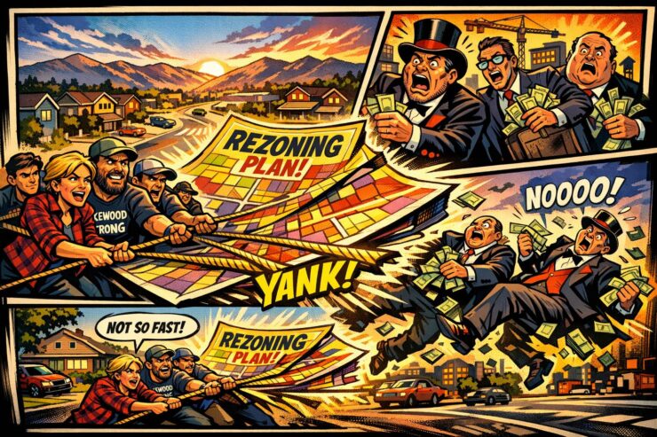 Comic-style suburban neighborhood in Lakewood with angry voters confronting a rezoning map and developers