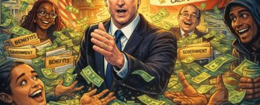 Comic-style Gavin Newsom in a state office with cash flying from government paperwork