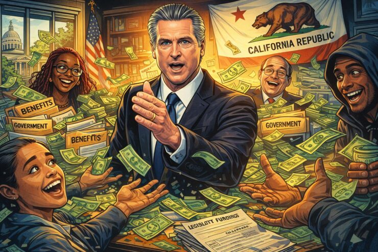 Comic-style Gavin Newsom in a state office with cash flying from government paperwork