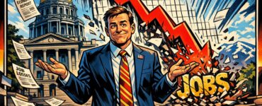 A suited Colorado politician shrugs as a jobs chart falls in front of the State Capitol.