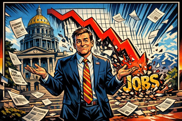 A suited Colorado politician shrugs as a jobs chart falls in front of the State Capitol.