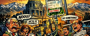 Comic-style Colorado capitol looming over apartment buildings and stacks of cash tied to Proposition 123 housing subsidies