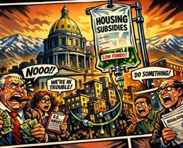 Comic-style Colorado capitol looming over apartment buildings and stacks of cash tied to Proposition 123 housing subsidies
