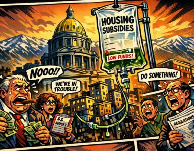 Comic-style Colorado capitol looming over apartment buildings and stacks of cash tied to Proposition 123 housing subsidies